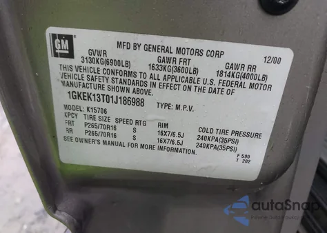 2001 GMC Yukon Slt from USA, damaged, VIN 1GKEK13T01J186988